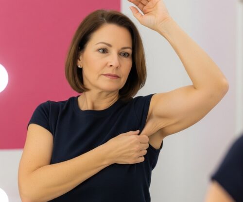 Frau betrachtet kritisch im Spiegel ihren Oberarm