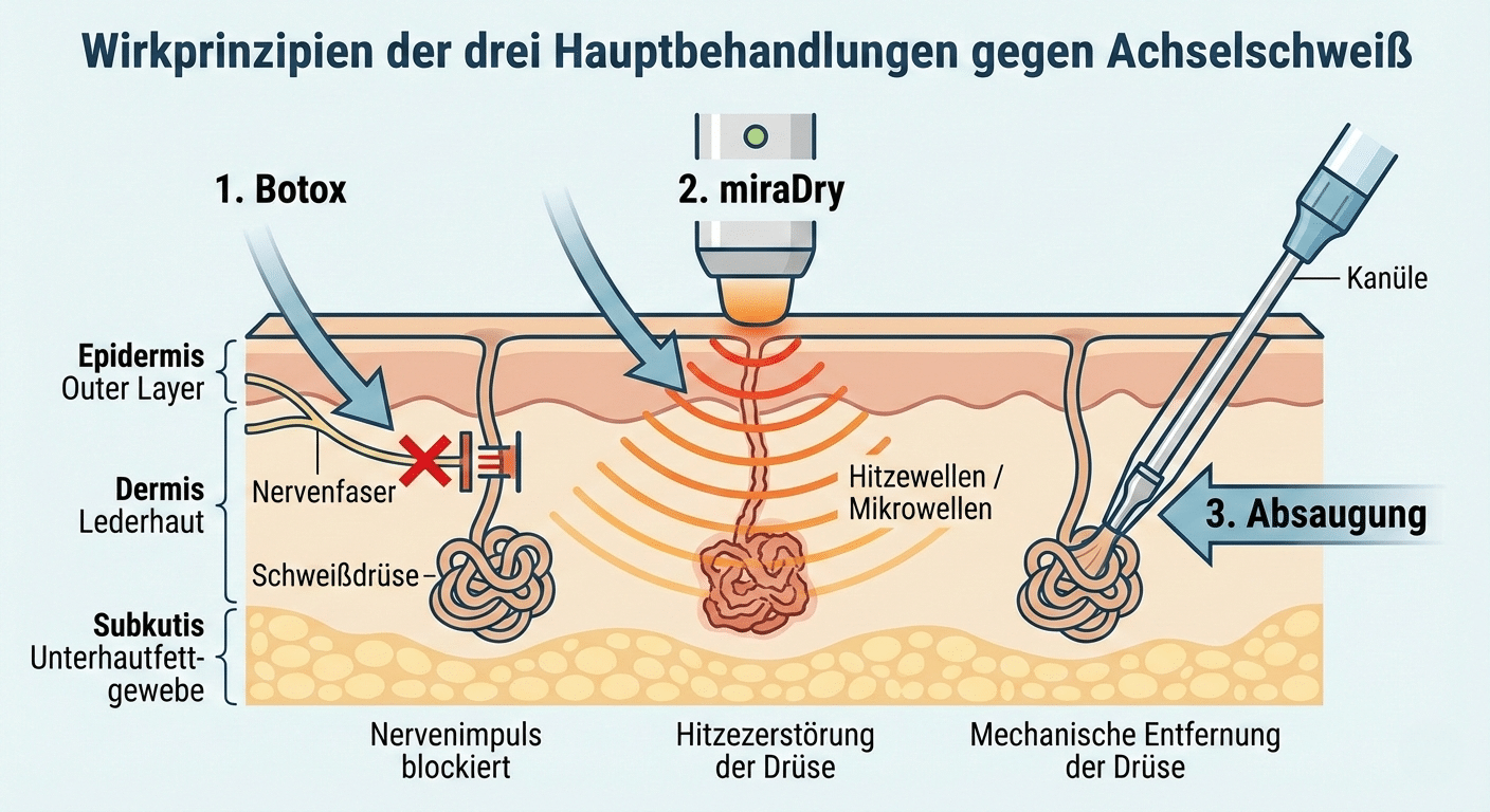 Achselschweiß - Grafik, die die Wirkprinzipien der drei Hauptbehandlungen beschreibt
