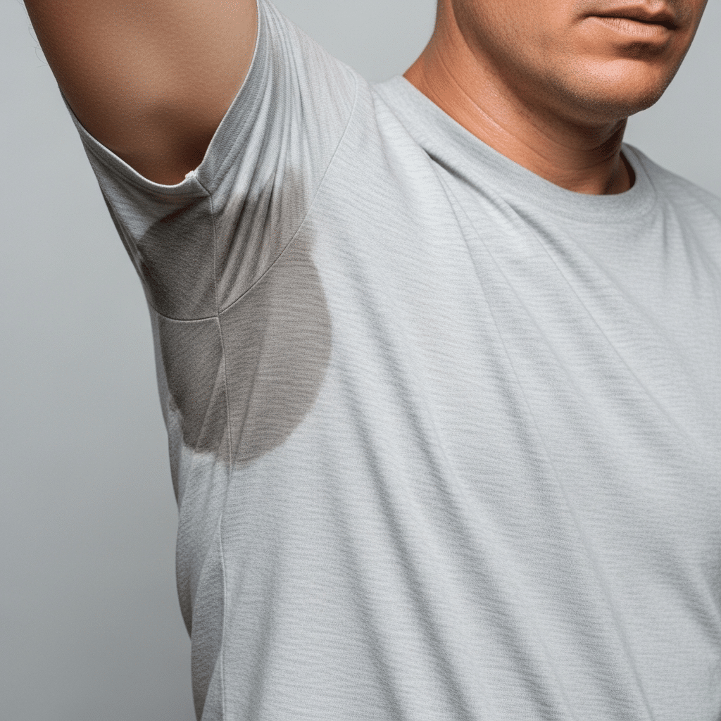 Achselschweiß bei einem Mann mit grauen Tshirt