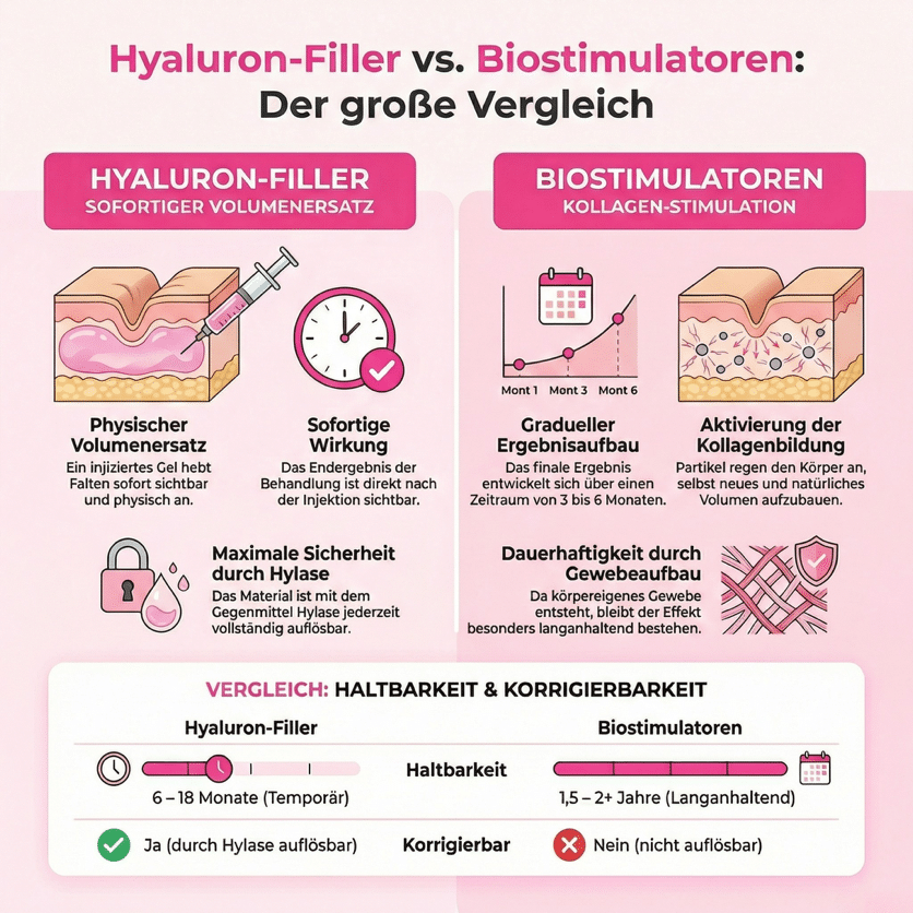 Hyaluron-Filler vs. Biostimulatoren: Direkter Vergleich