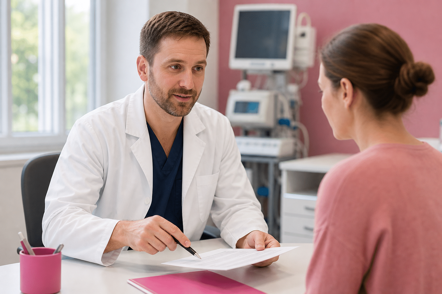 Anästhesist erklärt einem Patienten vor einer Operation das Narkoseverfahren beim Aufklärungsgespräch