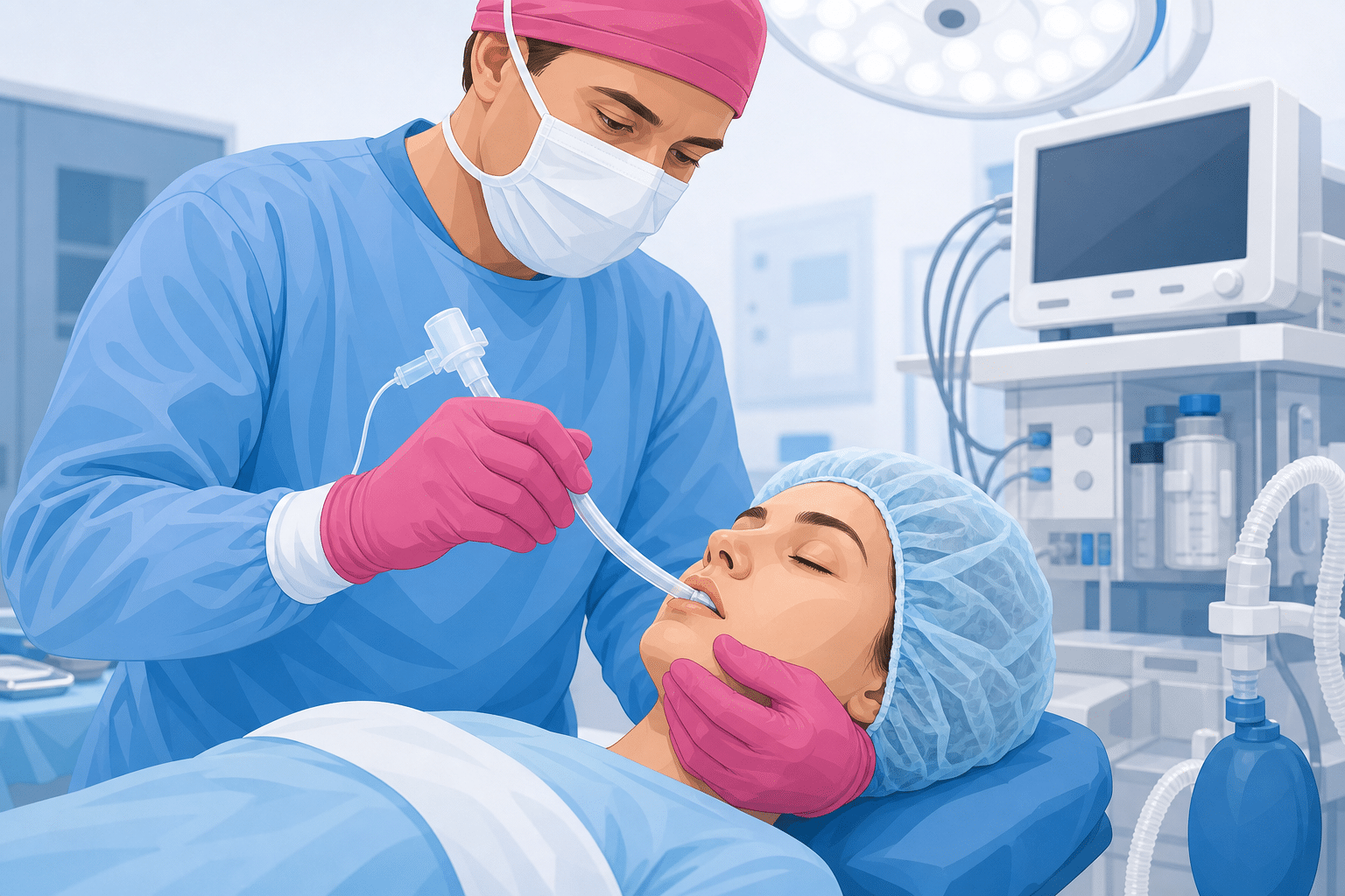 Schematische Darstellung der Atemwege mit Endotrachealtubus und möglichen Komplikationen nach Extubation wie Laryngospasmus und Larynxödem