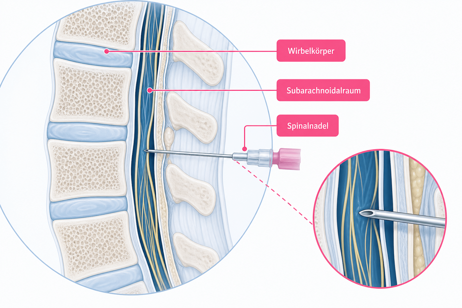 Schematische Darstellung der Spinalanästhesie und ihrer möglichen Nebenwirkungen auf den menschlichen Körper