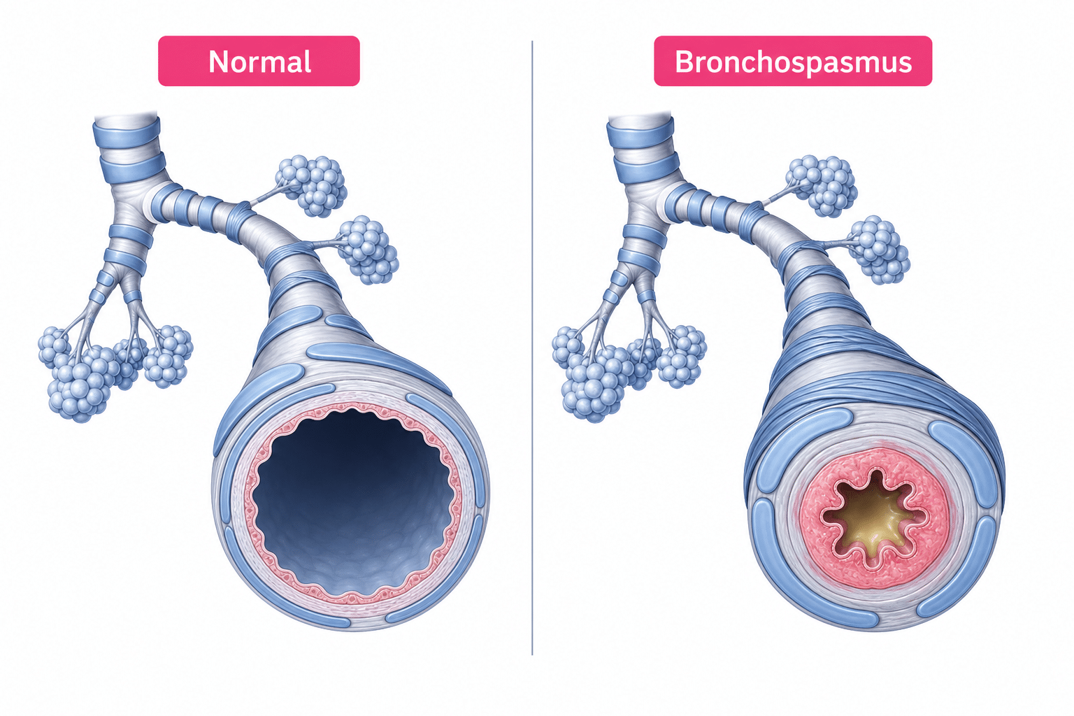 Schematische Darstellung normaler Bronchien im Vergleich zu verengten Bronchien bei einem Bronchospasmus während der Narkose