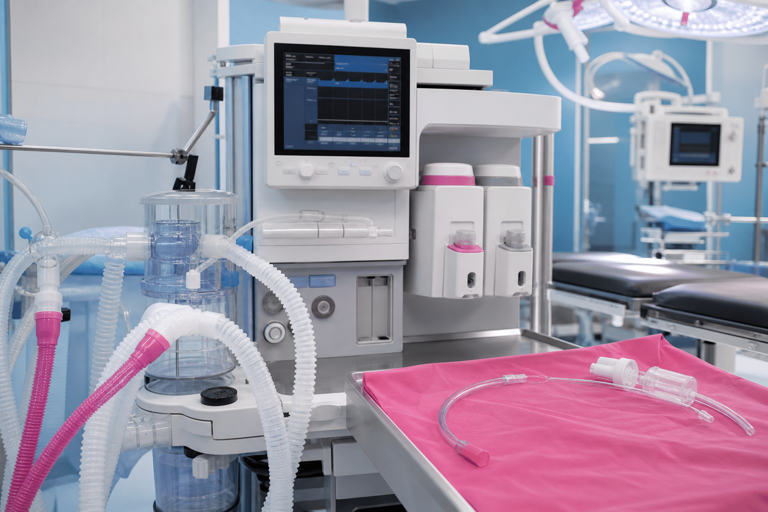 Anästhesie-Setting im Operationssaal mit Beatmungsgerät und endotrachealem Tubus als möglichem Auslöser eines Bronchospasmus.
