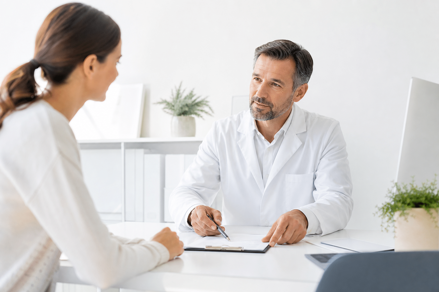 Arzt erklärt einem Patienten in einem modernen Klinikgespräch die Preisunterschiede und Qualitätsmerkmale bei Schönheitsoperationen.