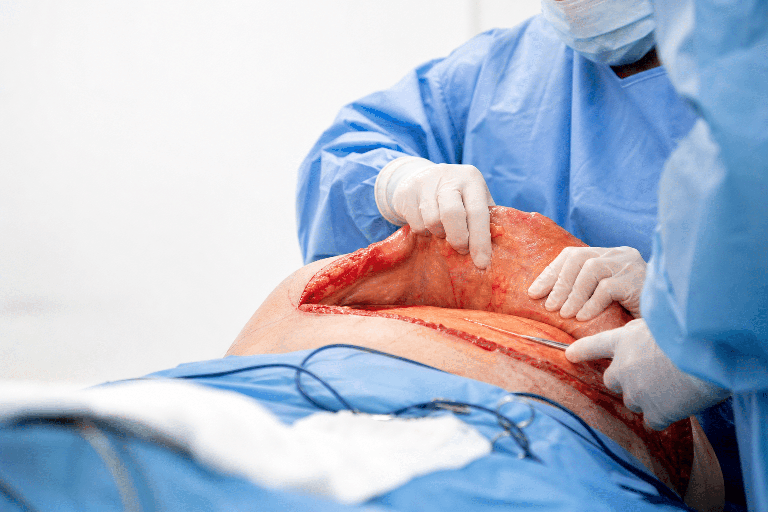 Chirurgische Situation bei einer Bauchdeckenstraffung, bei der Serombildung als häufige postoperative Komplikation auftreten kann.
