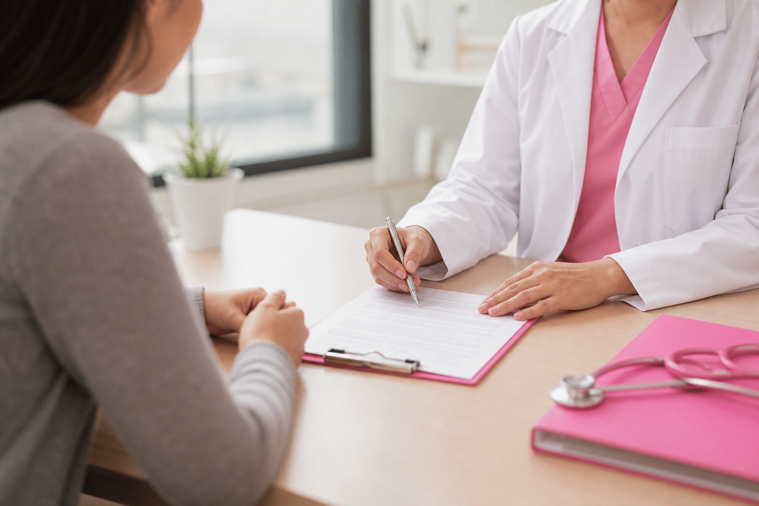 Ein Arzt erklärt einem Patienten vor einer Operation die möglichen Risiken der Anästhesie anhand eines Aufklärungsbogens.