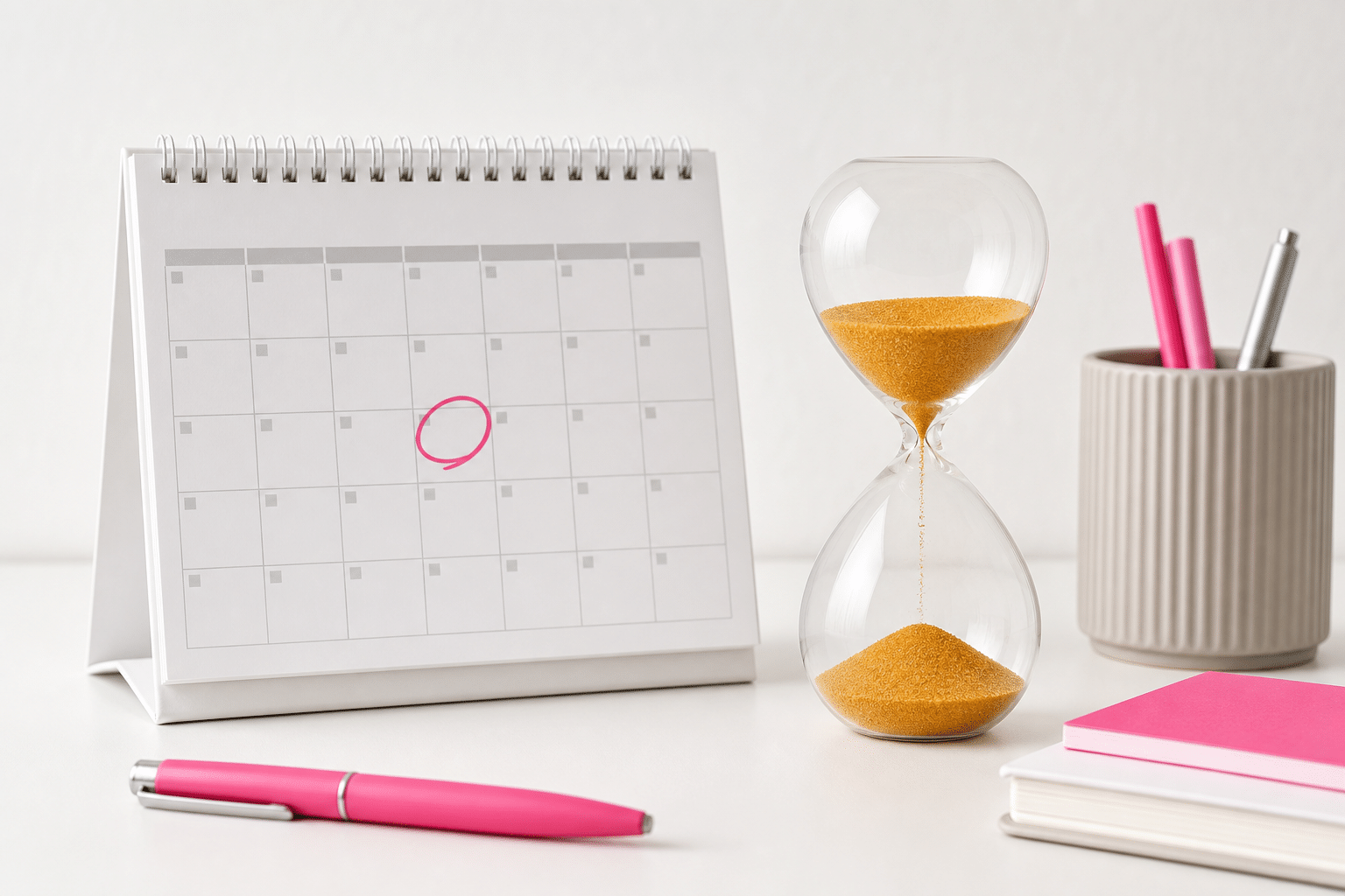 Ein Kalender mit markiertem Datum und eine Sanduhr veranschaulichen die dreijährige Verjährungsfrist bei Arzthaftungsansprüchen.