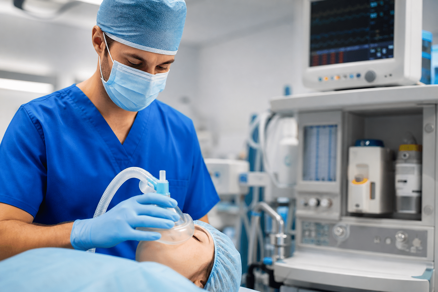 Narkoseeinleitung: Anästhesistin sichert den Atemweg durch Intubation, um Aspiration zu verhindern