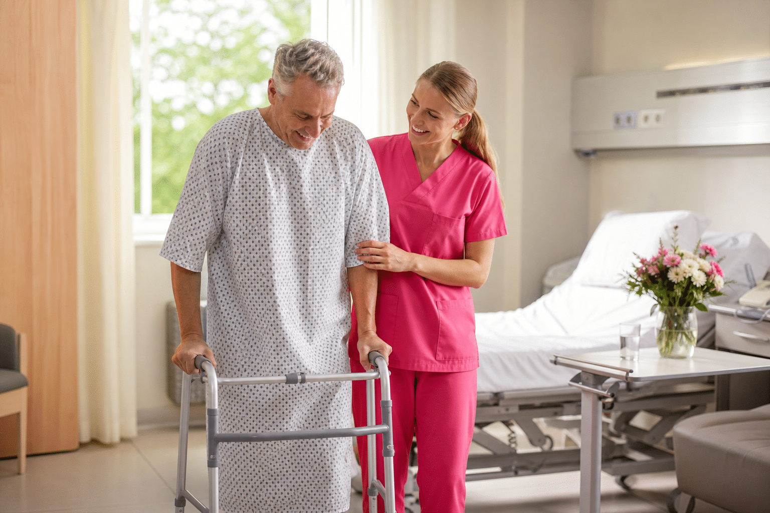 Pflegerin unterstützt einen Patienten beim ersten Aufstehen nach einem operativen Eingriff in einem Krankenhauszimmer.