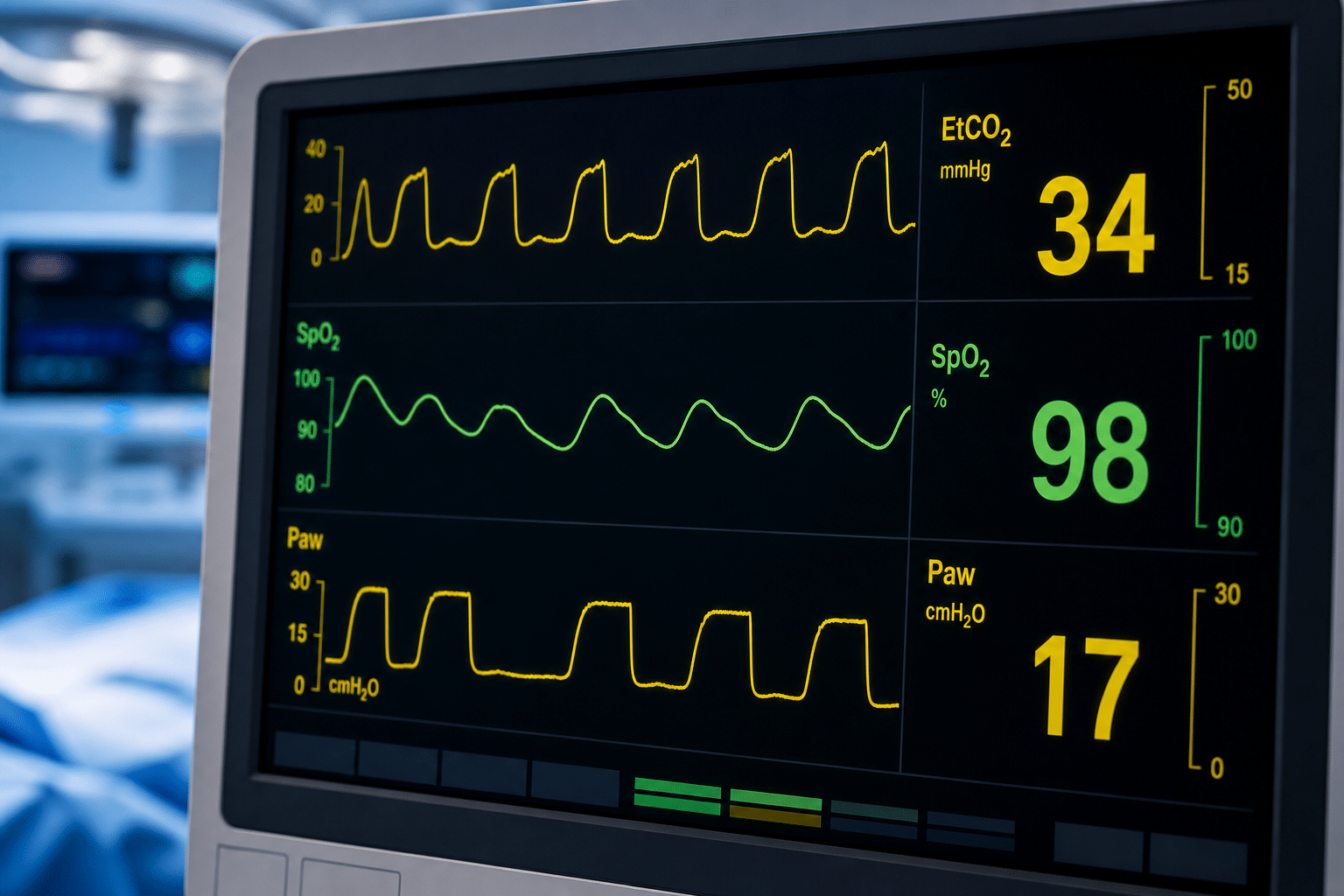 Anästhesie-Monitor mit Kapnografie- und Sauerstoffsättigungskurven zur intraoperativen Erkennung eines Bronchospasmus.
