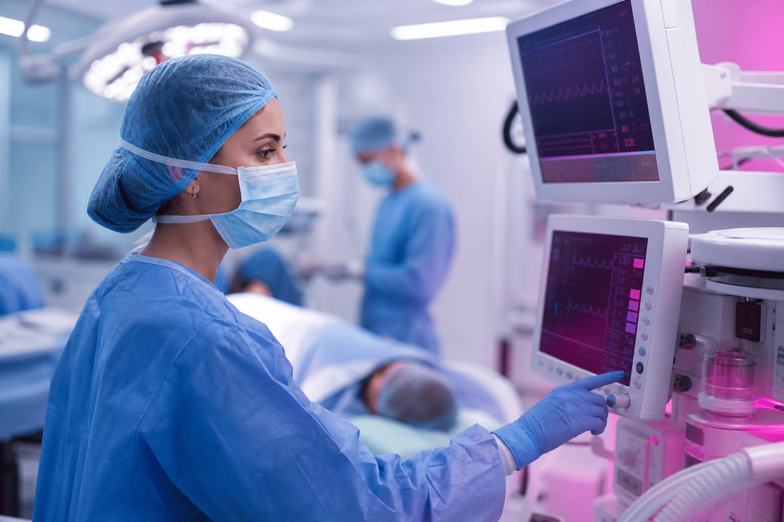 Anästhesistin überwacht während einer Operation die Vitalparameter des Patienten am Monitor.