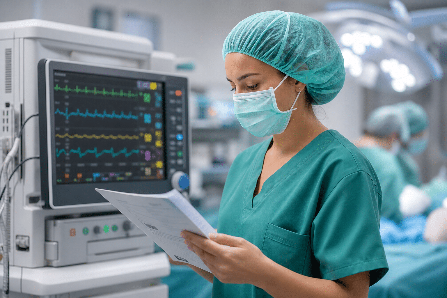 Anästhesistin prüft vor einer Operation die Patientenakte auf Kontraindikationen am Überwachungsmonitor.
