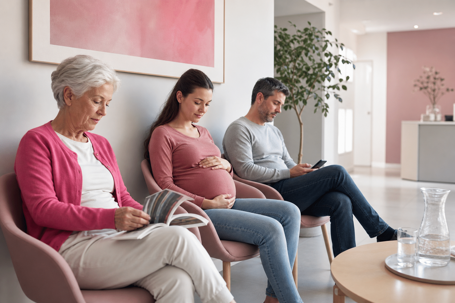 Drei Personen unterschiedlichen Alters in einer Arztpraxis symbolisieren verschiedene Patientengruppen mit individuellem Risikoprofil.