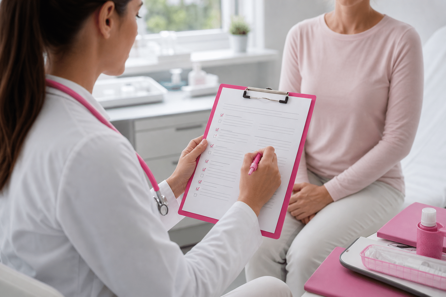 Eine Ärztin dokumentiert vor einer Operation die Allergien und Risikofaktoren eines Patienten auf einem Patientenformular.