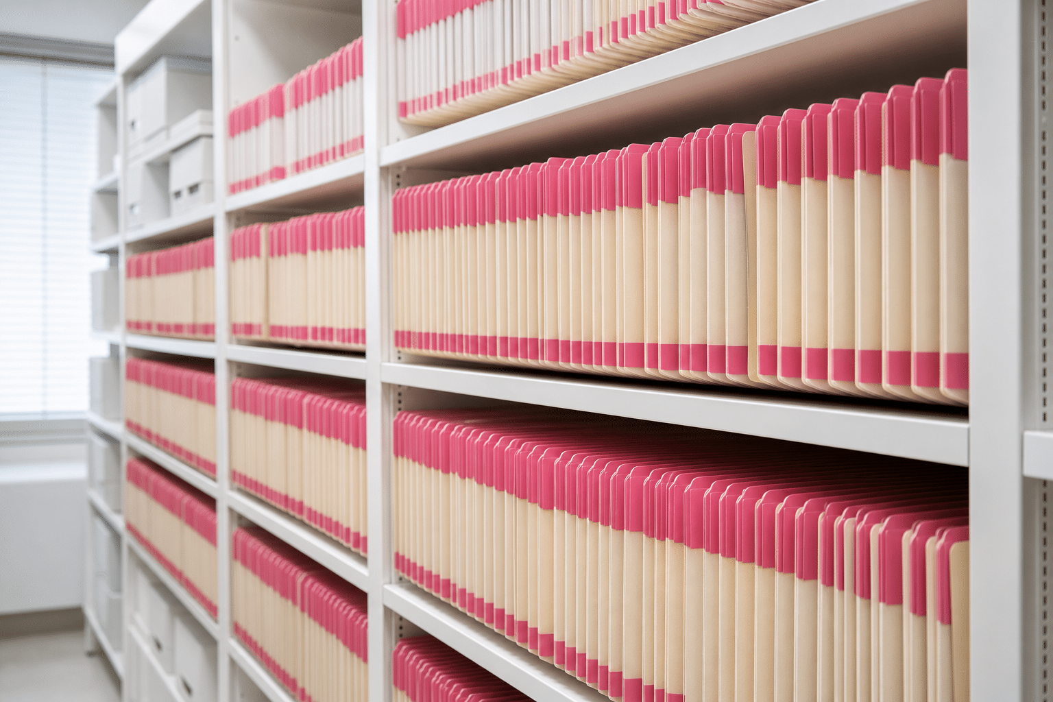 Gut beschriftete Patientenakten-Ordner stehen geordnet in einem Archivregale einer Arztpraxis.