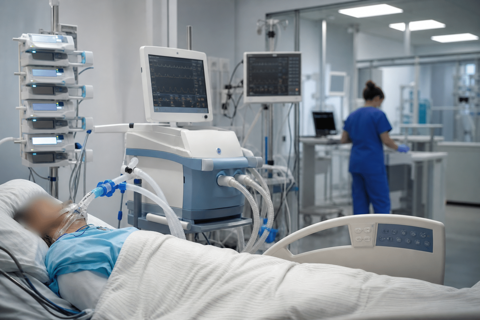 Intensivstation mit beatmetem Patienten und Beatmungsgerät, bei dem ein erhöhtes Risiko für Extubationsversagen besteht.