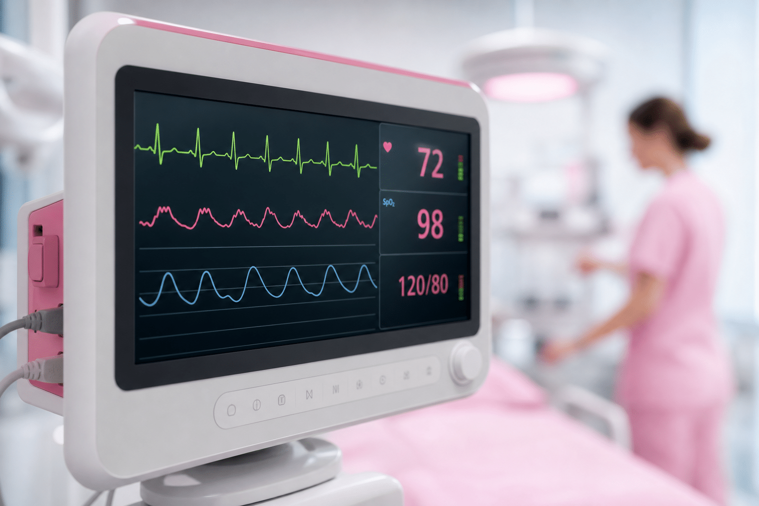 Medizinischer Monitor im Aufwachraum zeigt Vitalparameter wie Sauerstoffsättigung und Herzfrequenz eines Patienten.