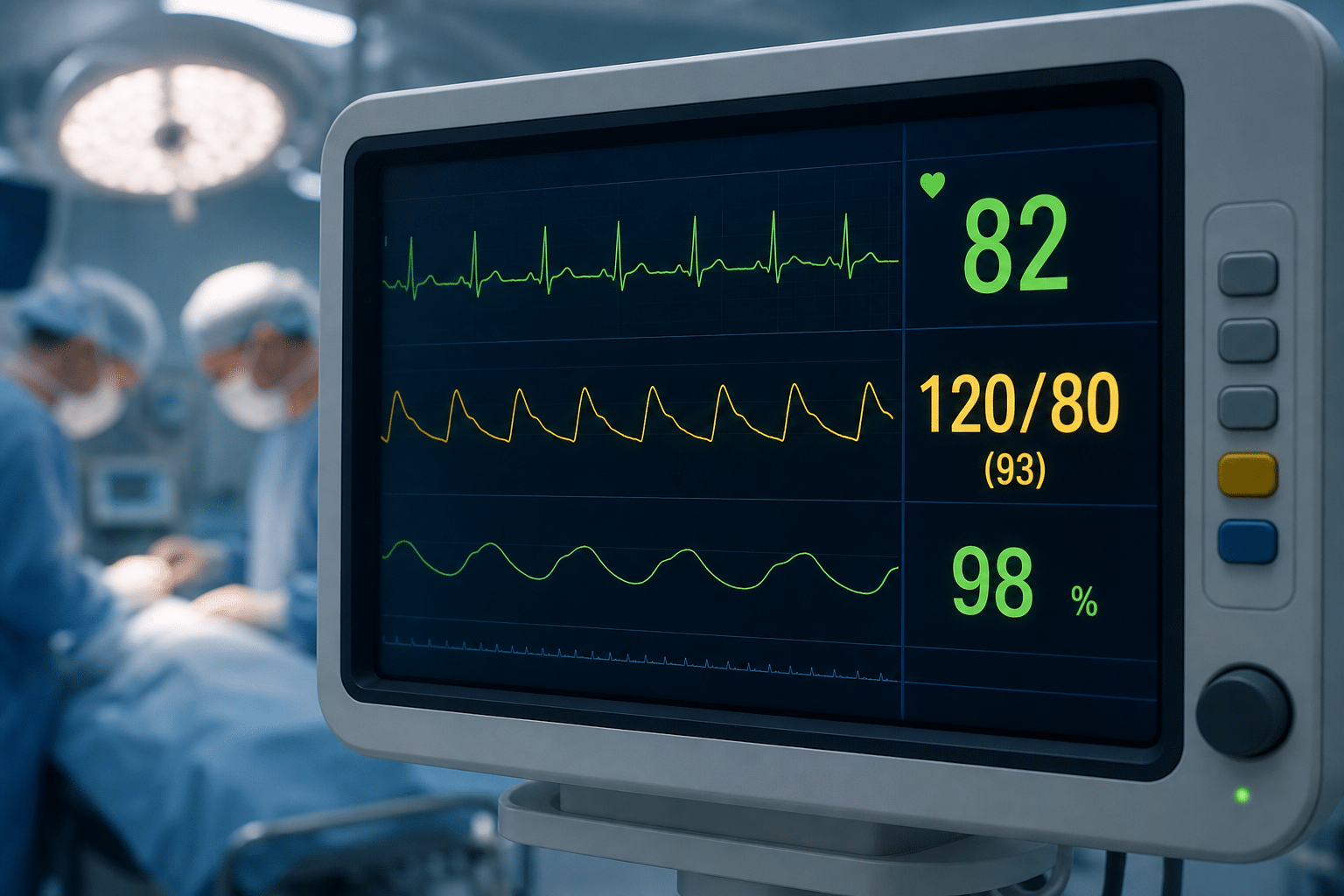 Patientenmonitor im Operationssaal zeigt Vitalparameter wie Herzfrequenz und Blutdruck während einer Narkose.
