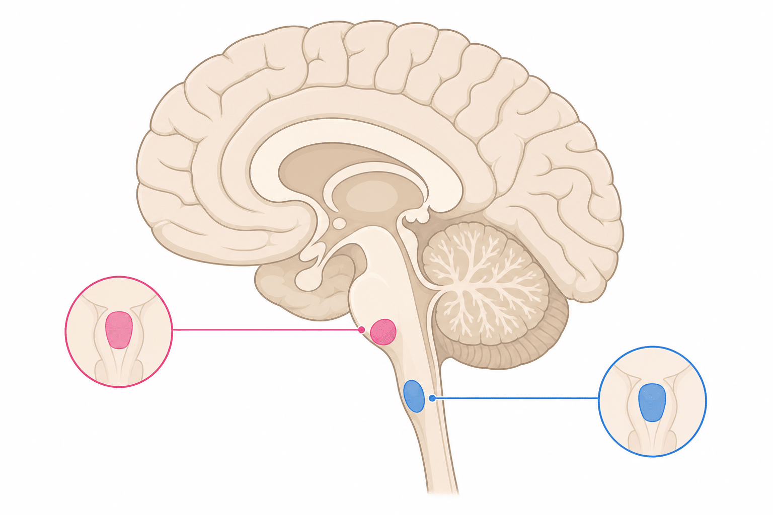 Vereinfachte Darstellung des Gehirns zeigt das Brechzentrum in der Medulla oblongata als Auslöser von PONV.