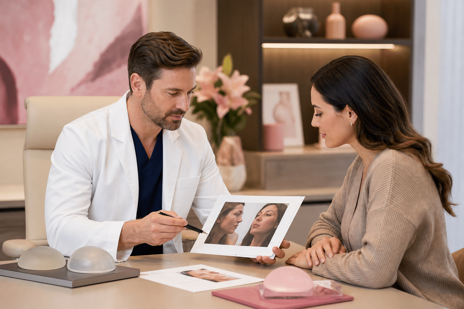 Ein Chirurg erklärt einer Patientin vor einer Schönheitsoperation die Narkoserisiken und mögliche Komplikationen anhand von Unterlagen.