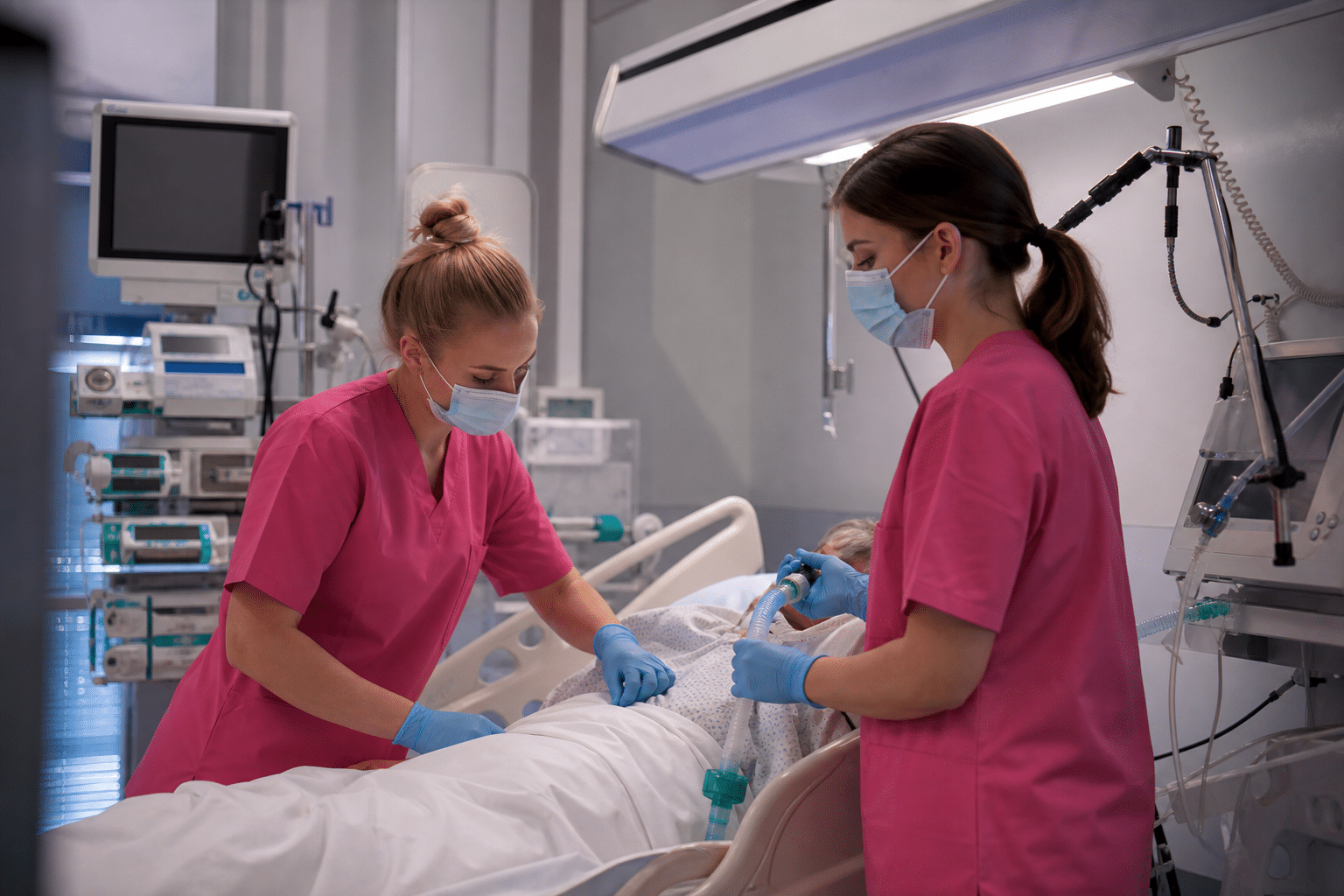 Medizinisches Team behandelt einen Patienten auf der Intensivstation nach einer Komplikation bei der Narkose.