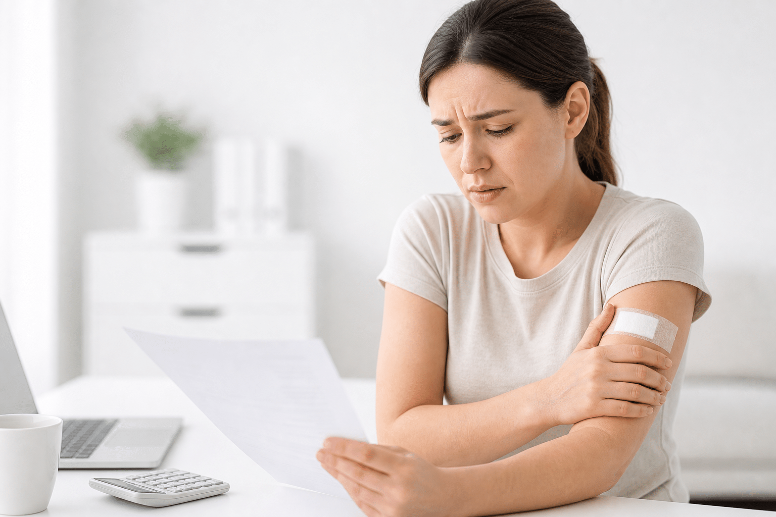 Person mit medizinischem Verband hält Rechnungsunterlagen, symbolisiert das finanzielle Risiko durch Komplikationen nach einer Schönheitsoperation.