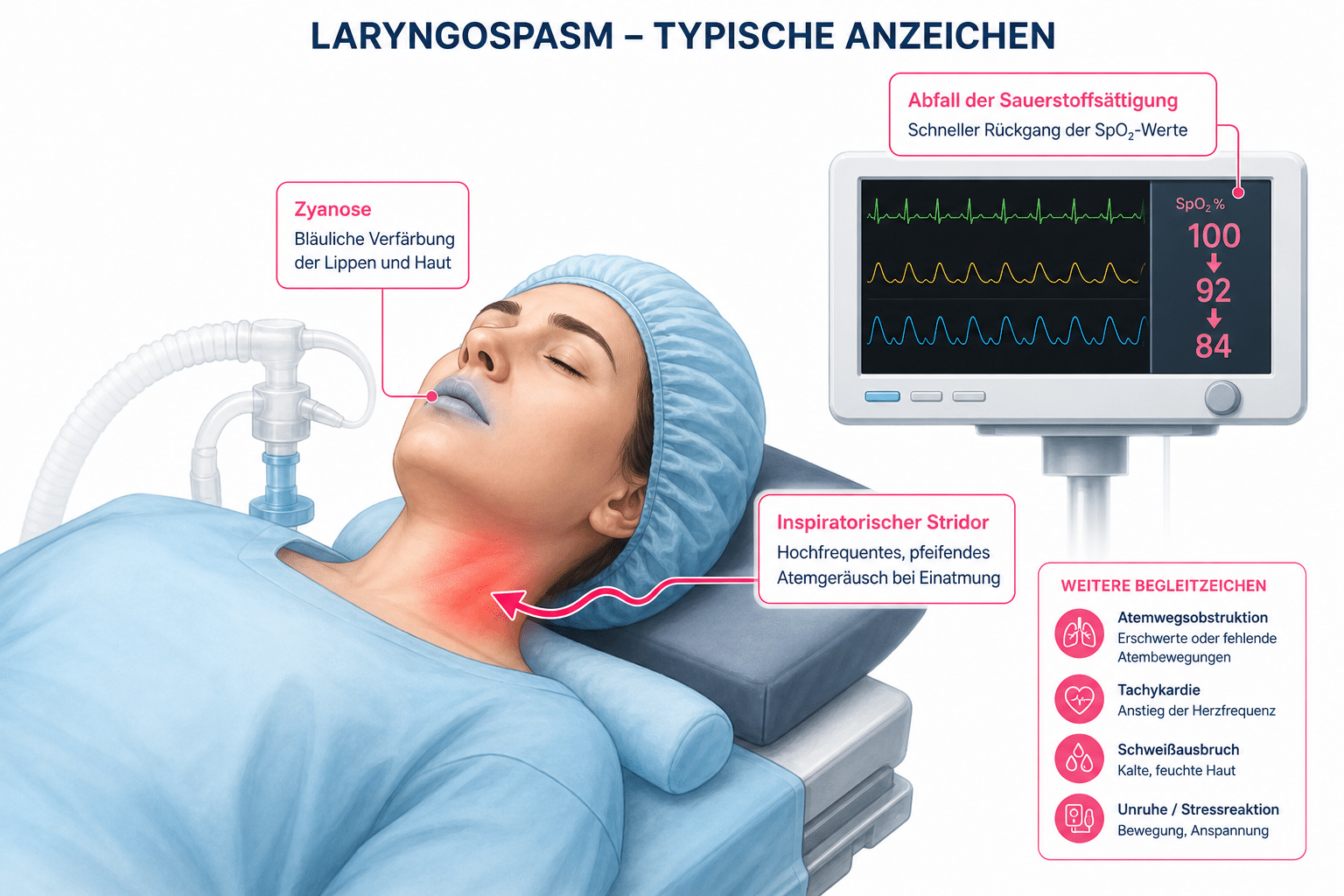 Schematische Darstellung eines Patienten unter Narkose mit eingezeichneten Symptomen eines Laryngospasmus.