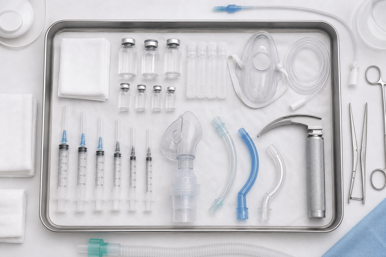 Sterile Vorbereitung von Notfallmedikamenten und Beatmungszubehör für die Behandlung eines intraoperativen Bronchospasmus.