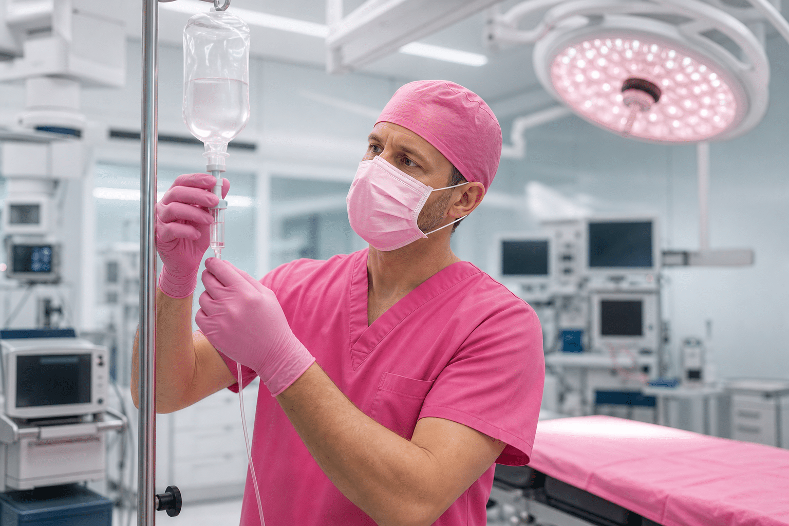 Ein Anästhesist bereitet im Operationssaal eine intravenöse Prophylaxe zur Vorbeugung von postoperativer Übelkeit vor.
