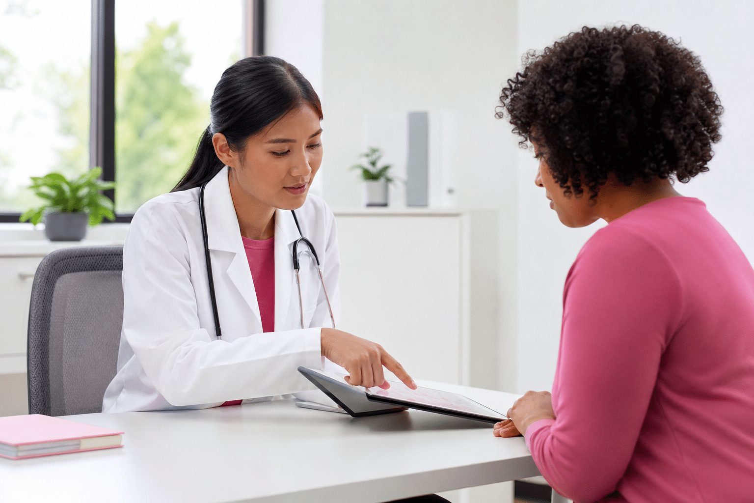 Präoperatives Aufklärungsgespräch zwischen Arzt und Patient zur Risikobewertung vor einer geplanten Operation.